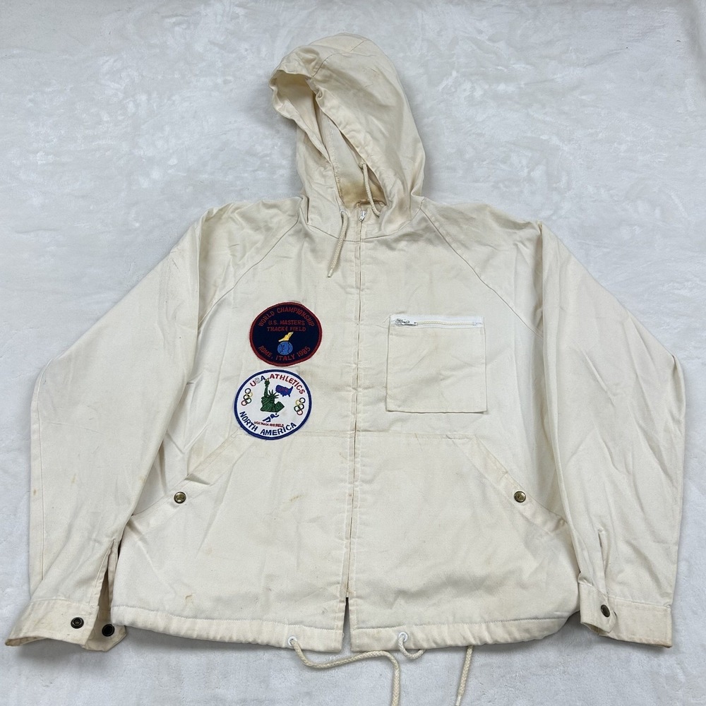 Turtle Bay Hooded Jacket Mens M White 1985 Rome World Masters Track Field Patch